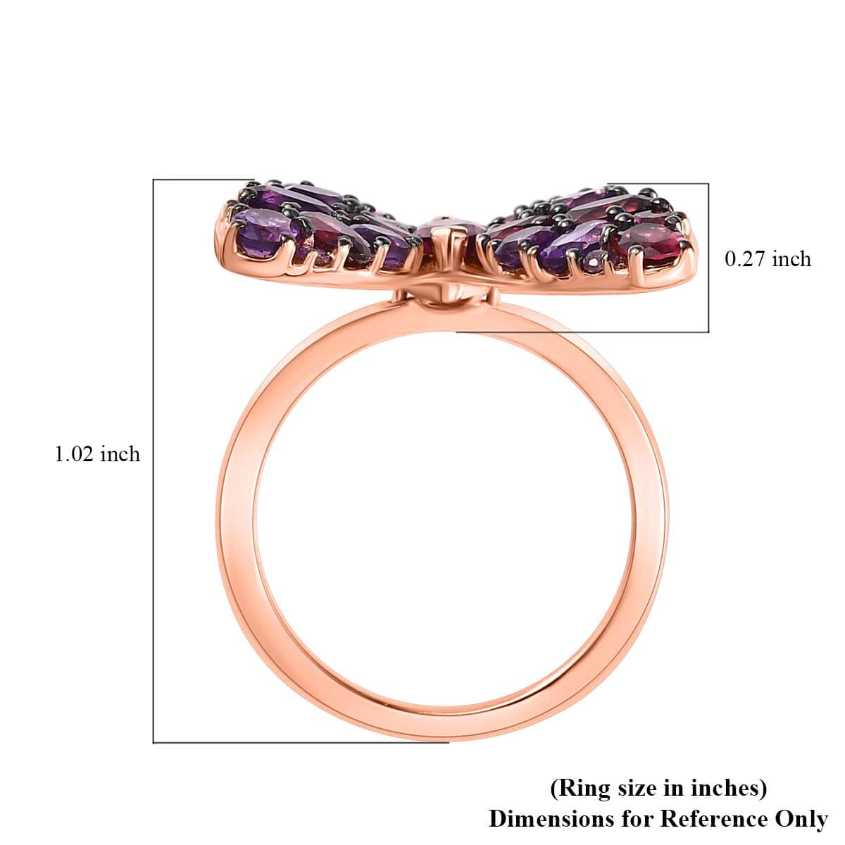 Orissa Rhodolite Garnet and Amethyst Butterfly Ring in Vermeil Rose Gold Over Sterling Silver (Size 5.0) 4.35 ctw image number 5
