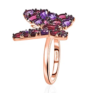 Orissa Rhodolite Garnet and Amethyst Butterfly Ring in Vermeil Rose Gold Over Sterling Silver (Size 8.0) 4.35 ctw