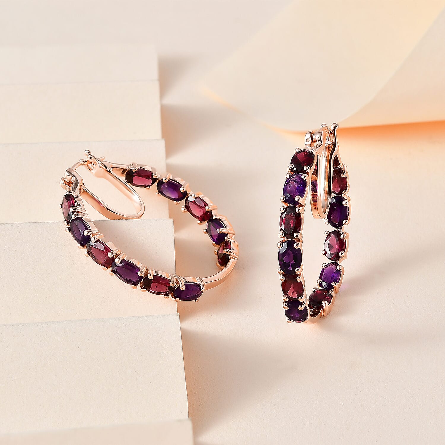 Premium Orissa Rhodolite Garnet and Amethyst Inside Out Hoop Earrings in Vermeil Rose Gold Over Sterling Silver 10.85 ctw