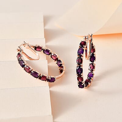 Premium Orissa Rhodolite Garnet and Amethyst Inside Out Hoop Earrings in Vermeil Rose Gold Over Sterling Silver 10.85 ctw