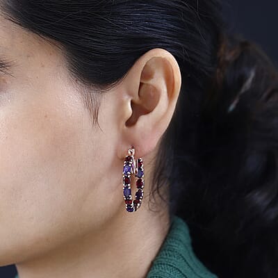 Premium Orissa Rhodolite Garnet and Amethyst Inside Out Hoop Earrings in Vermeil Rose Gold Over Sterling Silver 10.85 ctw
