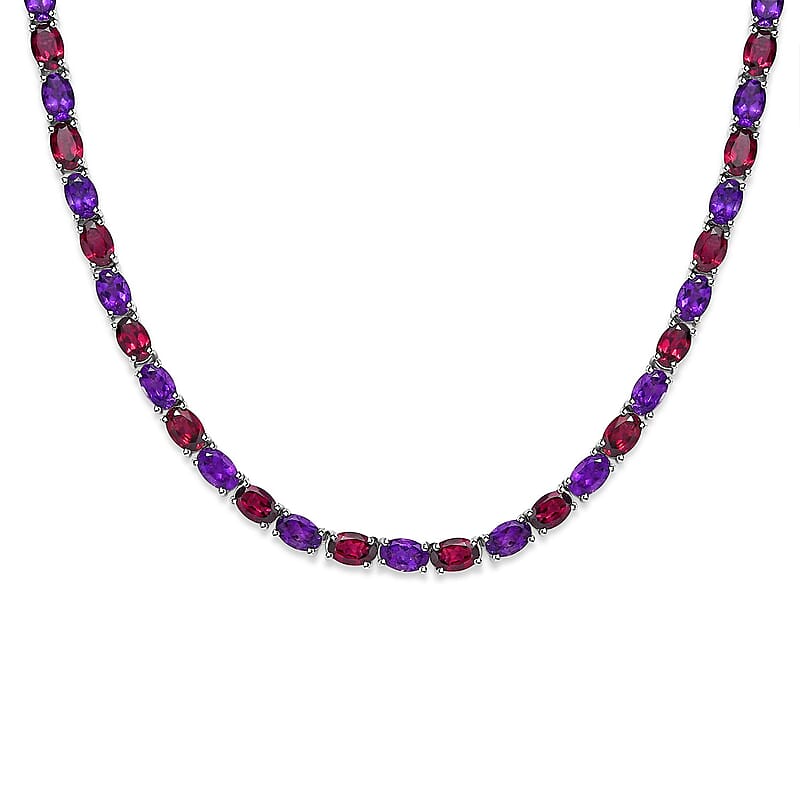 Orissa Rhodolite Garnet and Amethyst Tennis Necklace 18 Inches in Platinum Over Sterling Silver 35.25 ctw