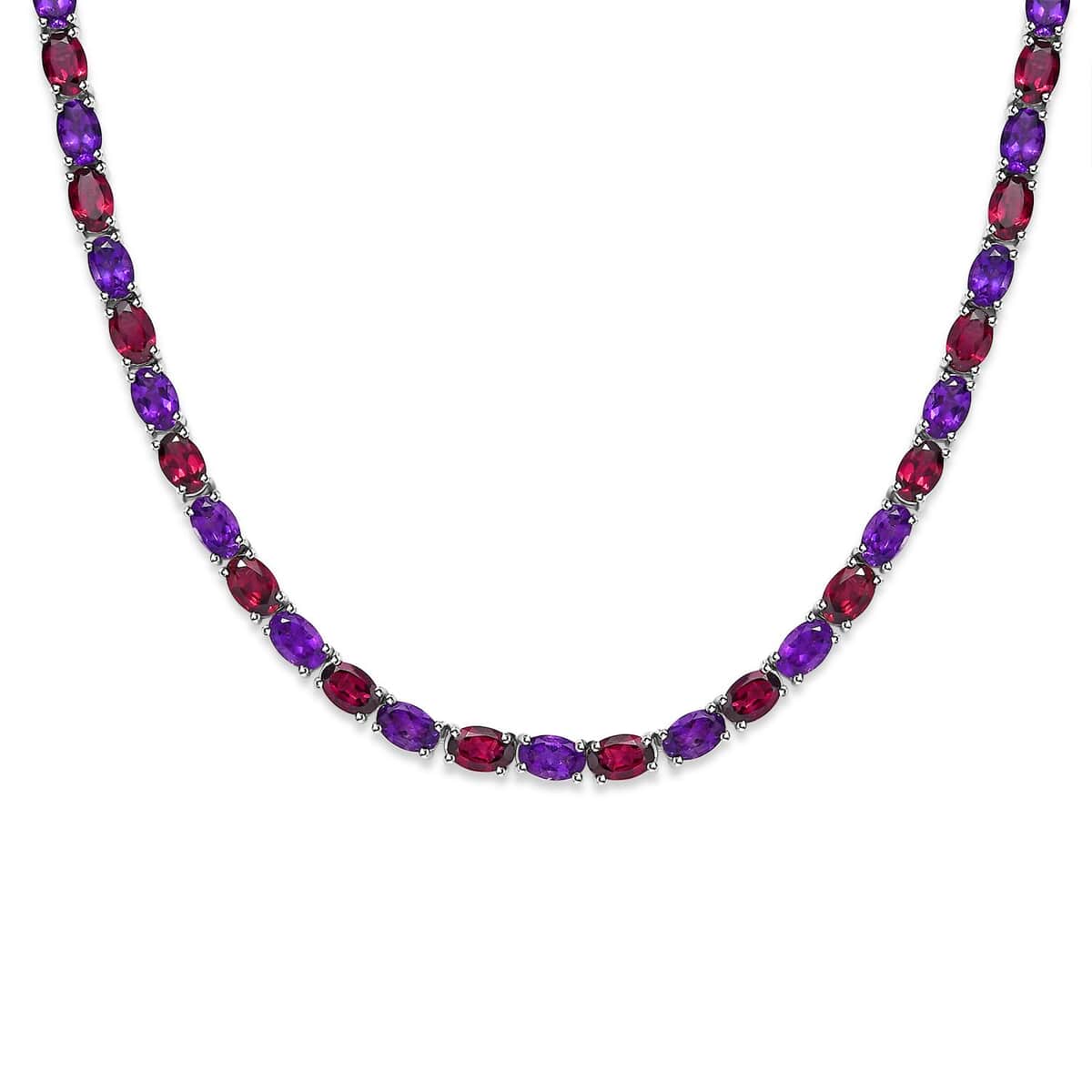 Orissa Rhodolite Garnet and Amethyst Tennis Necklace 18 Inches in Platinum Over Sterling Silver 35.25 ctw image number 0