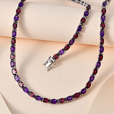 Orissa Rhodolite Garnet and Amethyst Tennis Necklace 18 Inches in Platinum Over Sterling Silver 35.25 ctw