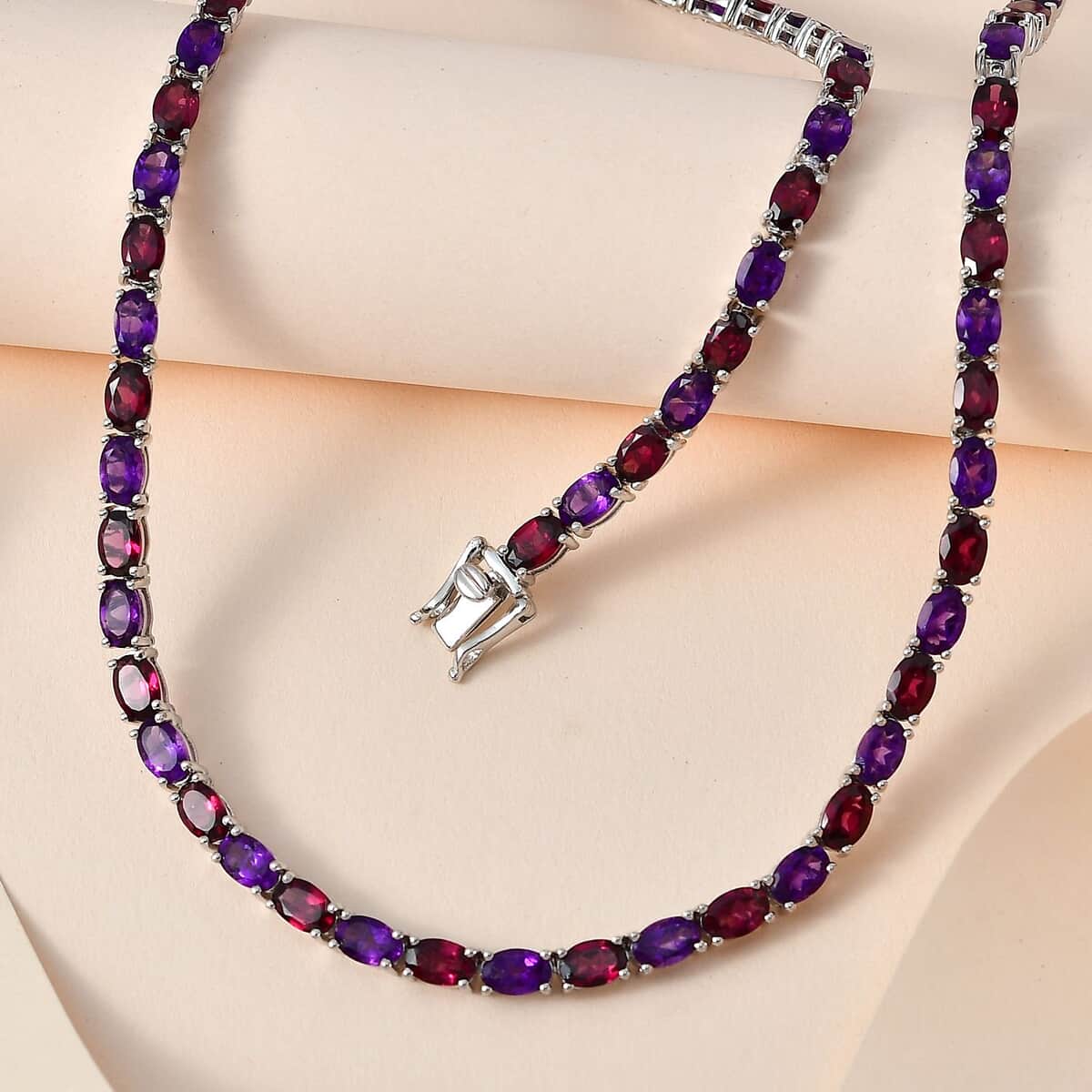 Orissa Rhodolite Garnet and Amethyst Tennis Necklace 18 Inches in Platinum Over Sterling Silver 35.25 ctw image number 1