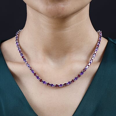 Orissa Rhodolite Garnet and Amethyst Tennis Necklace 18 Inches in Platinum Over Sterling Silver 35.25 ctw