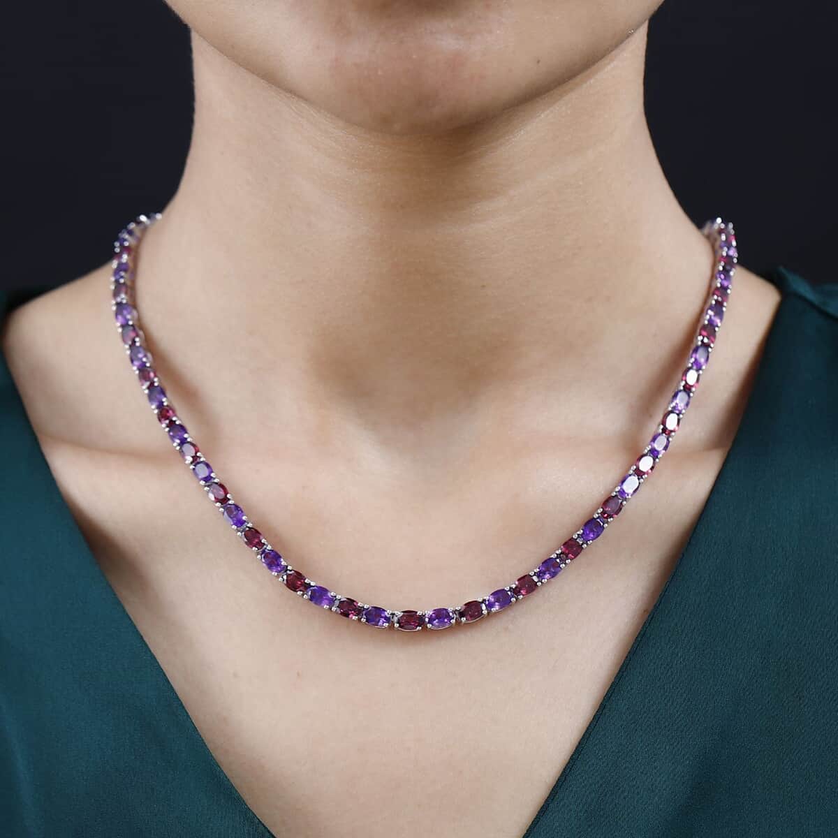 Orissa Rhodolite Garnet and Amethyst Tennis Necklace 18 Inches in Platinum Over Sterling Silver 35.25 ctw image number 2