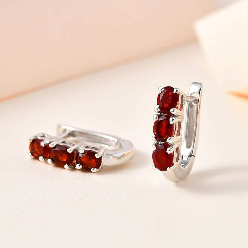 Mexican Cherry Fire Opal Huggie Hoop Earrings in Platinum Over Sterling Silver 1.35 ctw