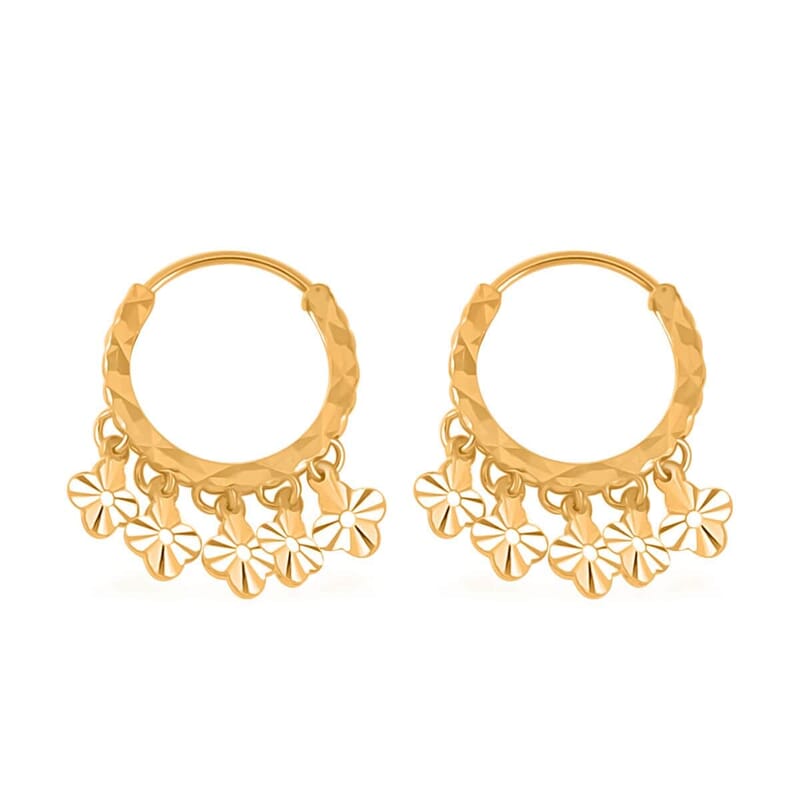 24K Yellow Gold Electroform Floral Hoop Earrings 2.10 Grams