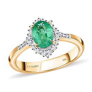 Luxoro 10K Yellow Gold Premium Ethiopian Emerald and G-H I3 Diamond Halo Ring (Size 10.5) 1.40 ctw