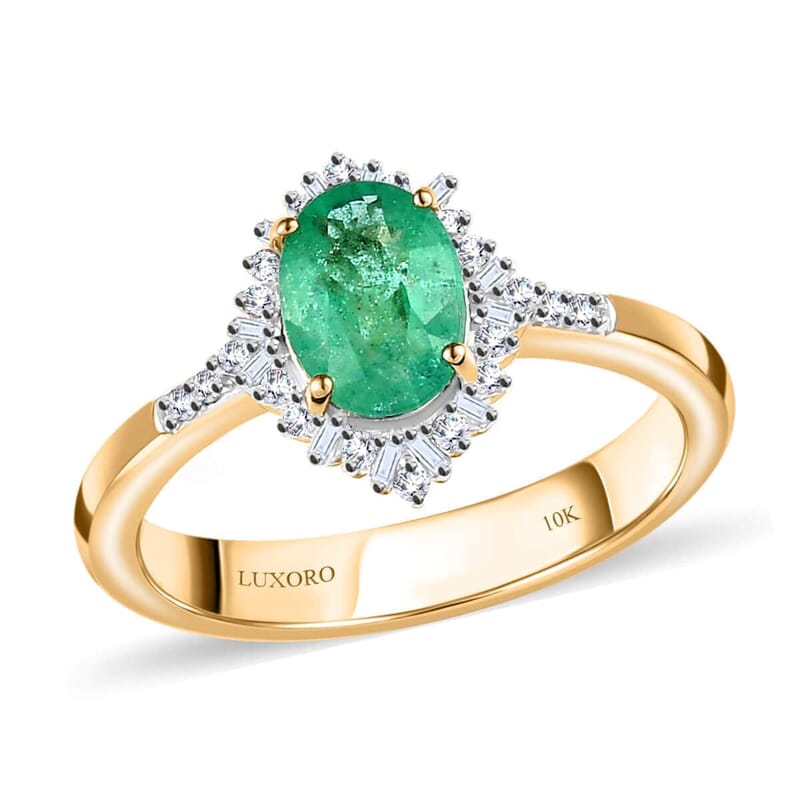 Luxoro 10K Yellow Gold Premium Ethiopian Emerald and G-H I3 Diamond Halo Ring (Size 6.5) 1.40 ctw