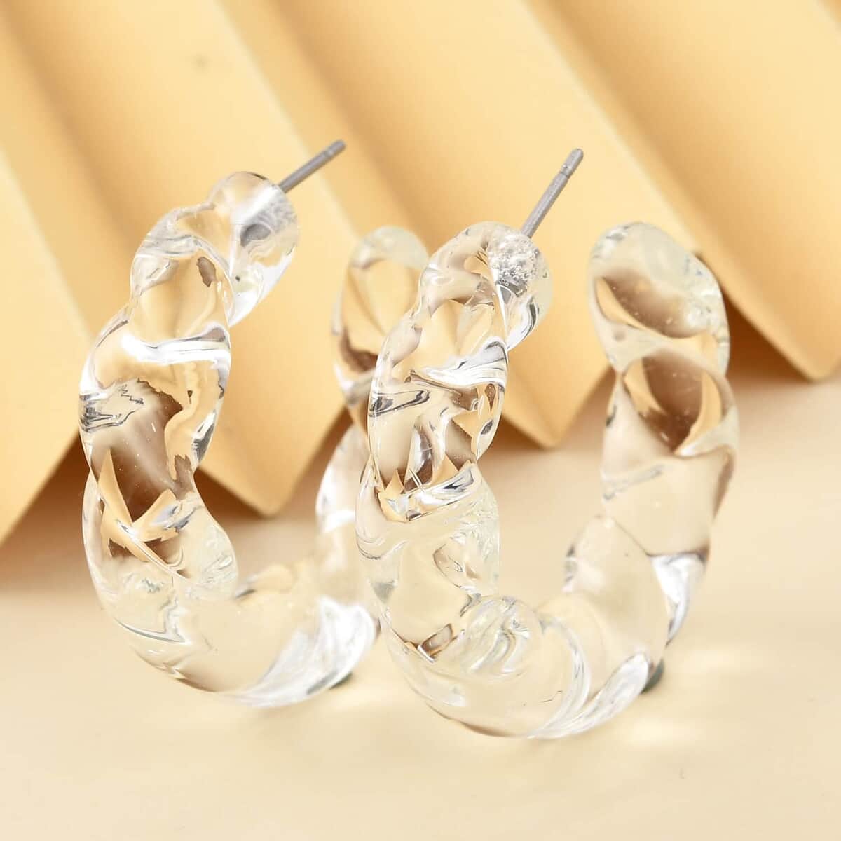 White Murano Style Twisted Hoop Earrings in Stainless Steel image number 1