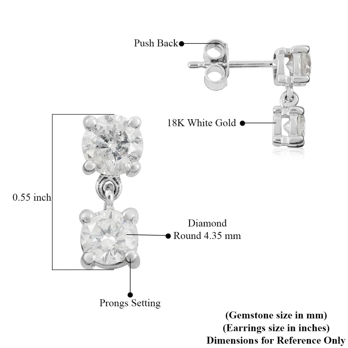 18K White Gold G-H SI Diamond Earrings 1.60 ctw image number 3