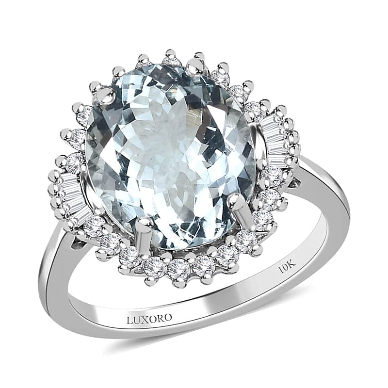 Luxoro 10K White Gold Premium Mangoro Aquamarine and Diamond Sunburst Ring (Size 10.0) 4.35 ctw