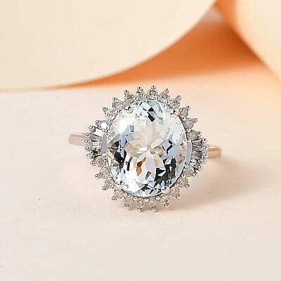 Luxoro 10K White Gold Premium Mangoro Aquamarine and Diamond Sunburst Ring (Size 10.0) 4.35 ctw