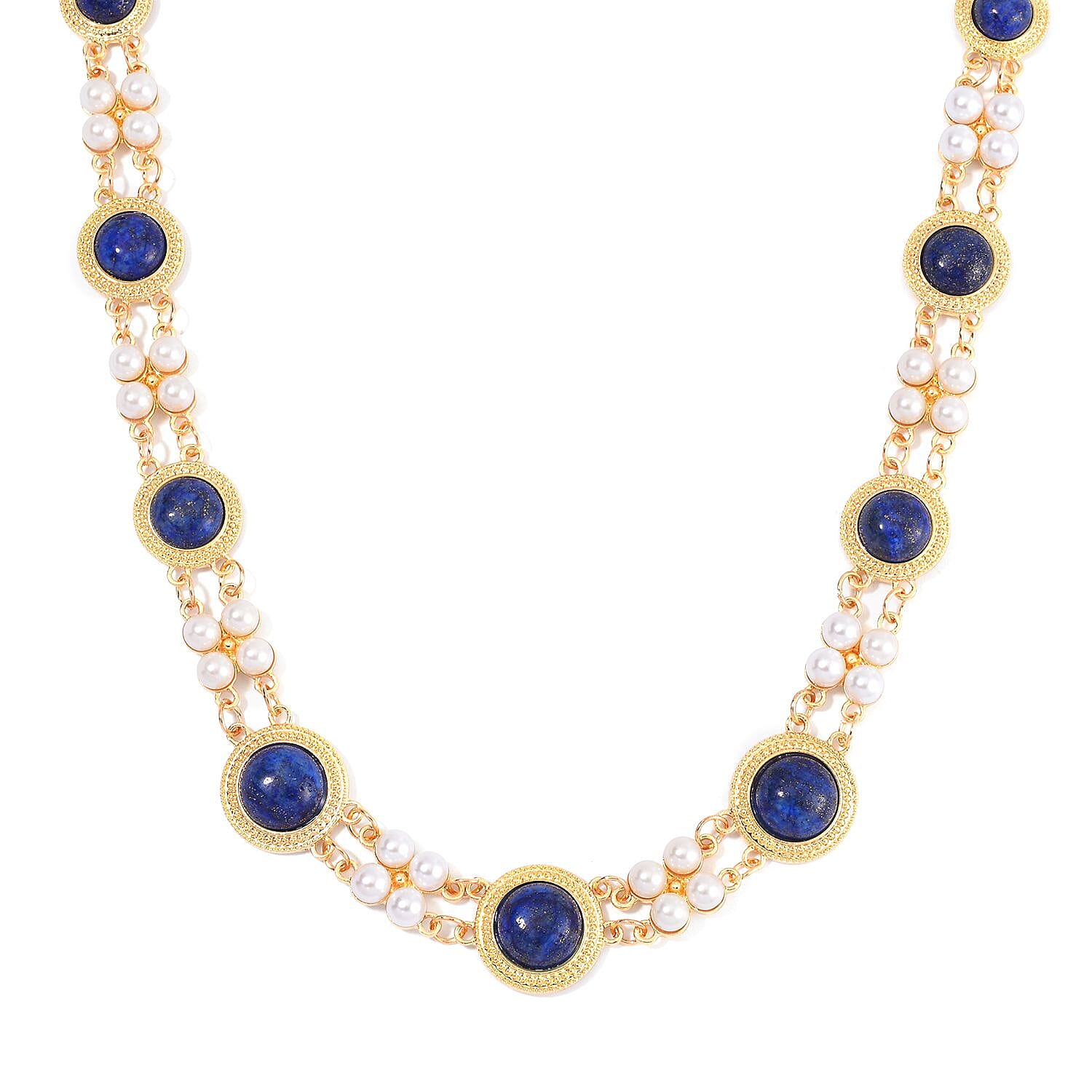 Lapis Lazuli and White Shell Pearl Choker Necklace 18-20 Inches in Goldtone 59.00 ctw