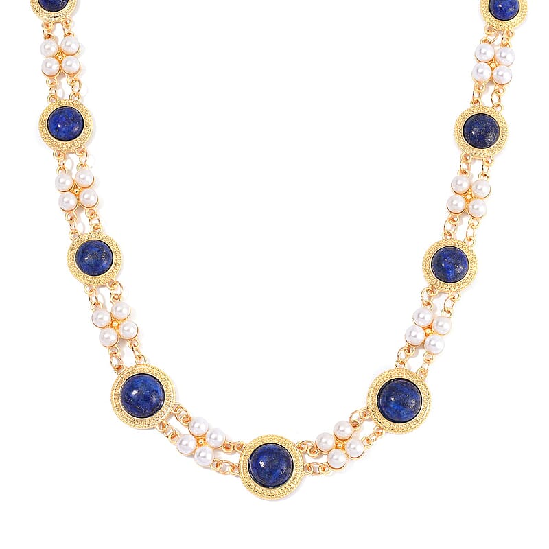 Lapis Lazuli and White Shell Pearl Choker Necklace 18-20 Inches in Goldtone 59.00 ctw