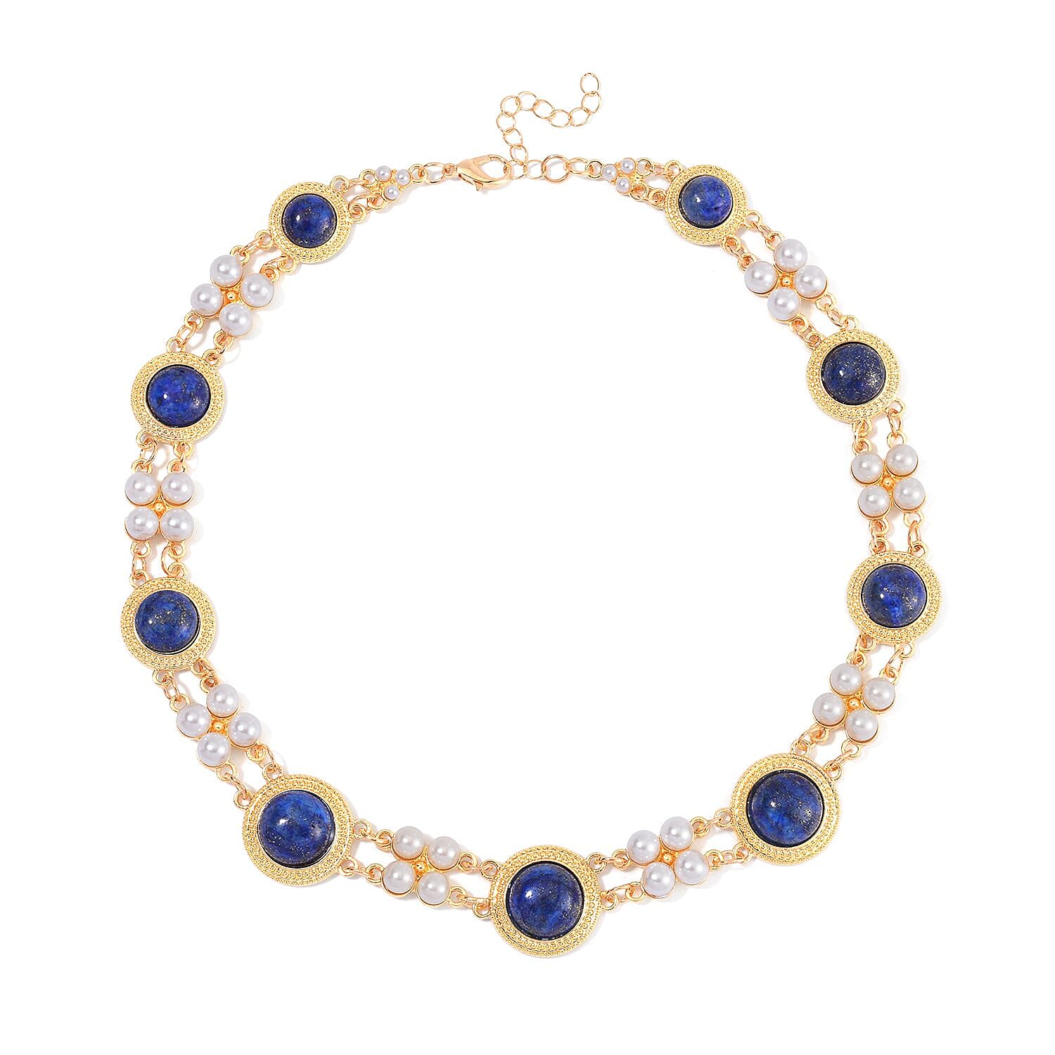 Lapis Lazuli and White Shell Pearl Choker Necklace 18-20 Inches in Goldtone 59.00 ctw