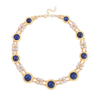 Lapis Lazuli and White Shell Pearl Choker Necklace 18-20 Inches in Goldtone 59.00 ctw