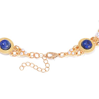 Lapis Lazuli and White Shell Pearl Choker Necklace 18-20 Inches in Goldtone 59.00 ctw