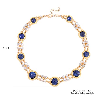 Lapis Lazuli and White Shell Pearl Choker Necklace 18-20 Inches in Goldtone 59.00 ctw