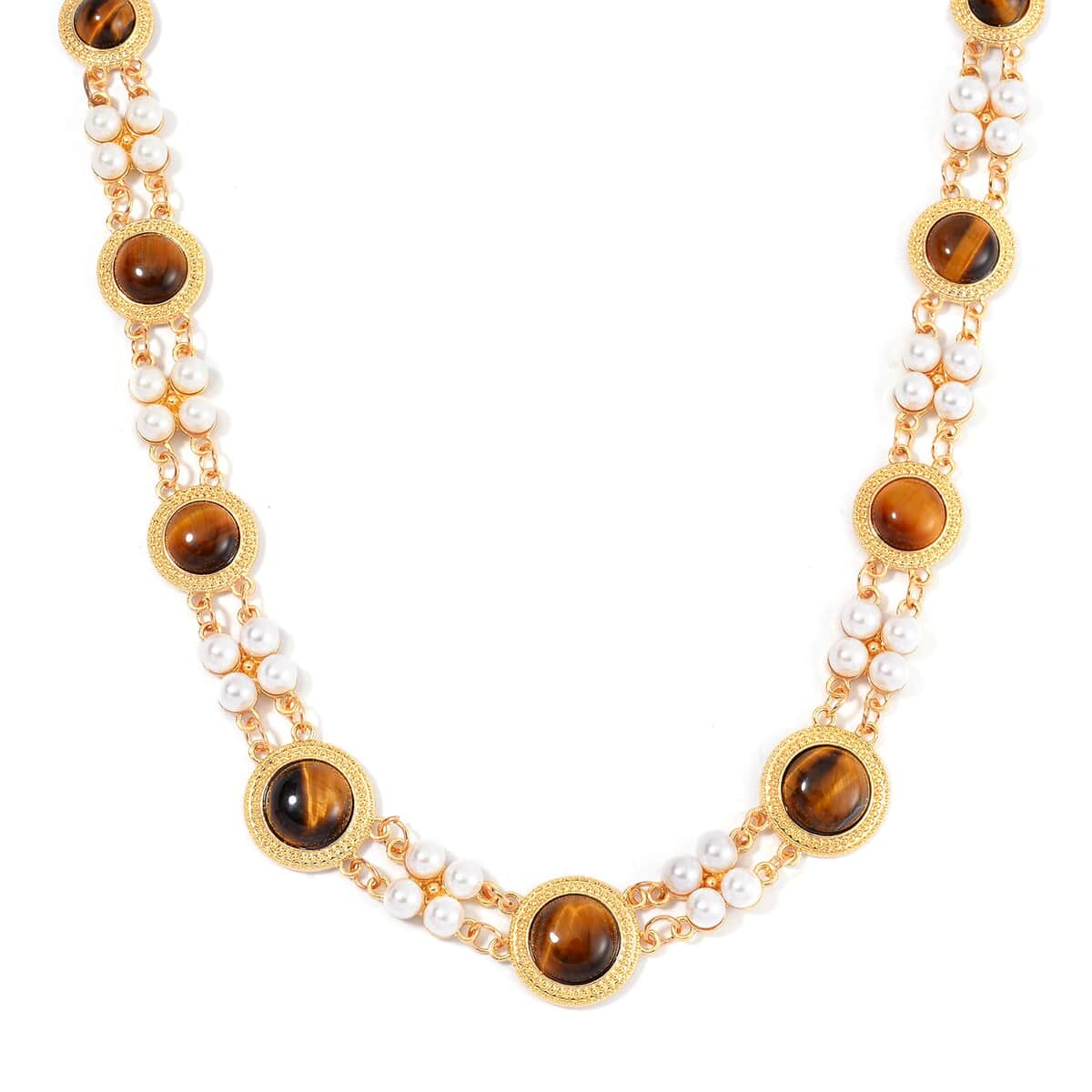 Yellow Tigers Eye and White Shell Pearl Choker Necklace 18-20 Inches in Goldtone 59.00 ctw image number 0