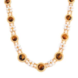 Yellow Tigers Eye and White Shell Pearl Choker Necklace 18-20 Inches in Goldtone 59.00 ctw