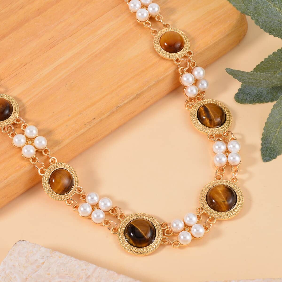 Yellow Tigers Eye and White Shell Pearl Choker Necklace 18-20 Inches in Goldtone 59.00 ctw image number 1