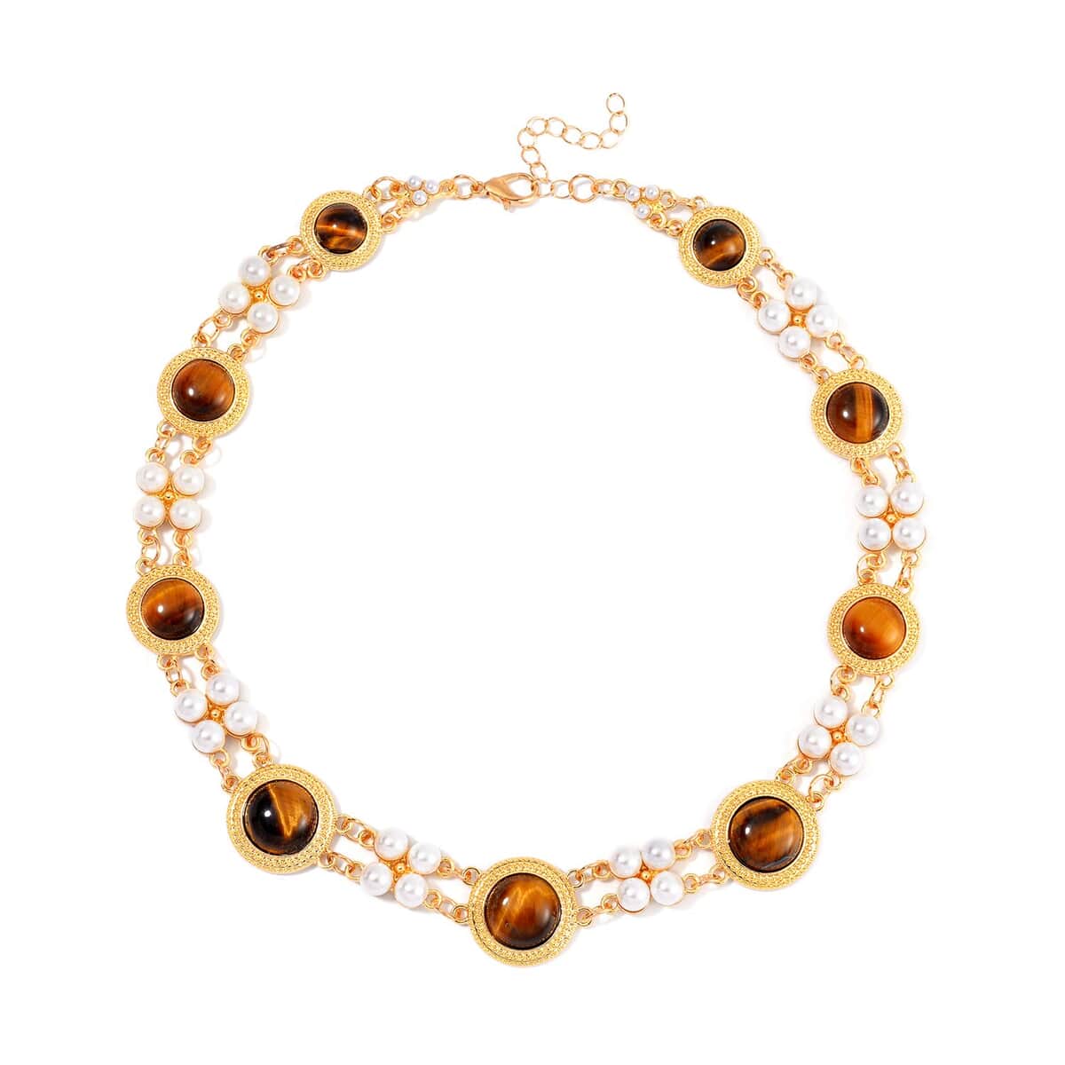 Yellow Tigers Eye and White Shell Pearl Choker Necklace 18-20 Inches in Goldtone 59.00 ctw image number 2