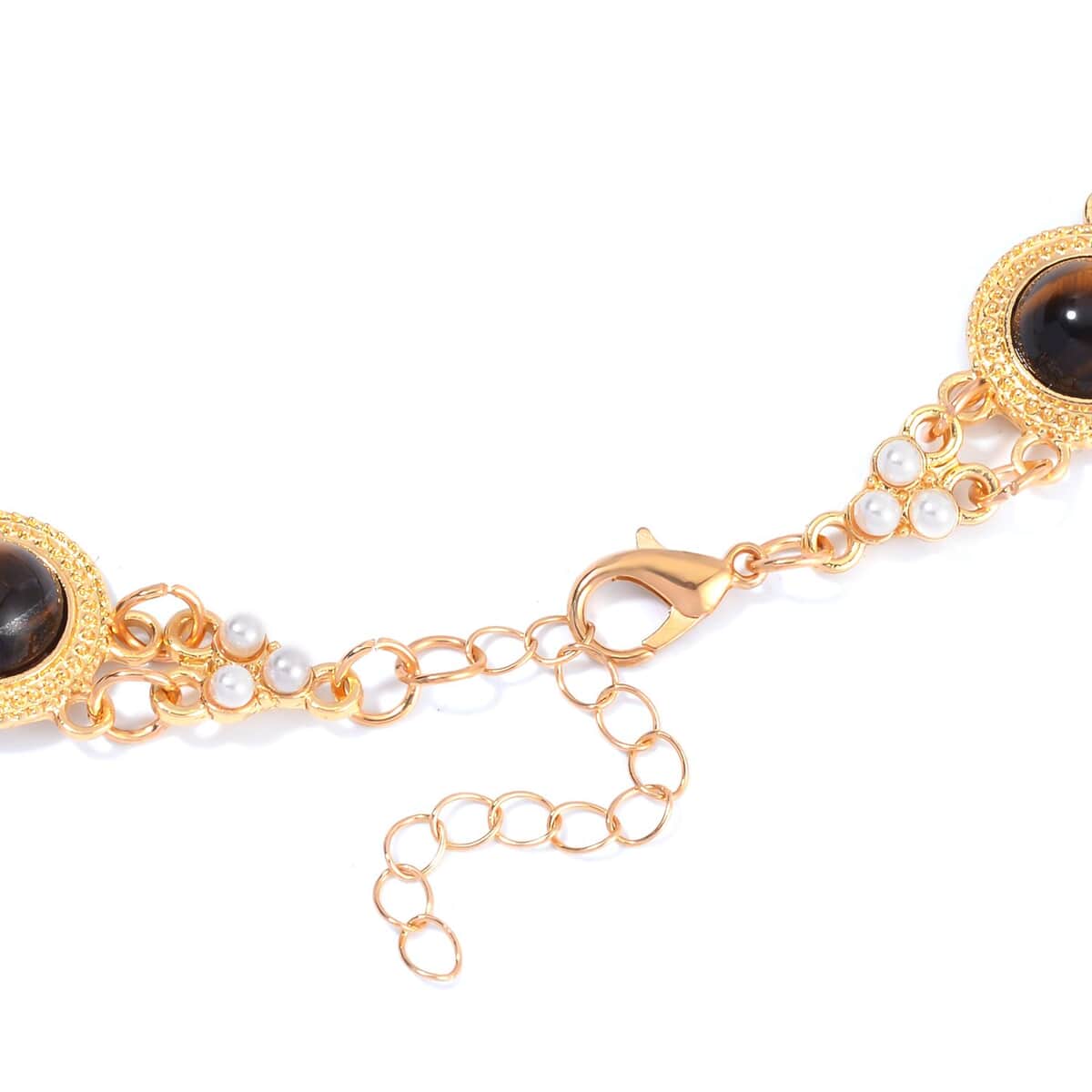 Yellow Tigers Eye and White Shell Pearl Choker Necklace 18-20 Inches in Goldtone 59.00 ctw image number 3