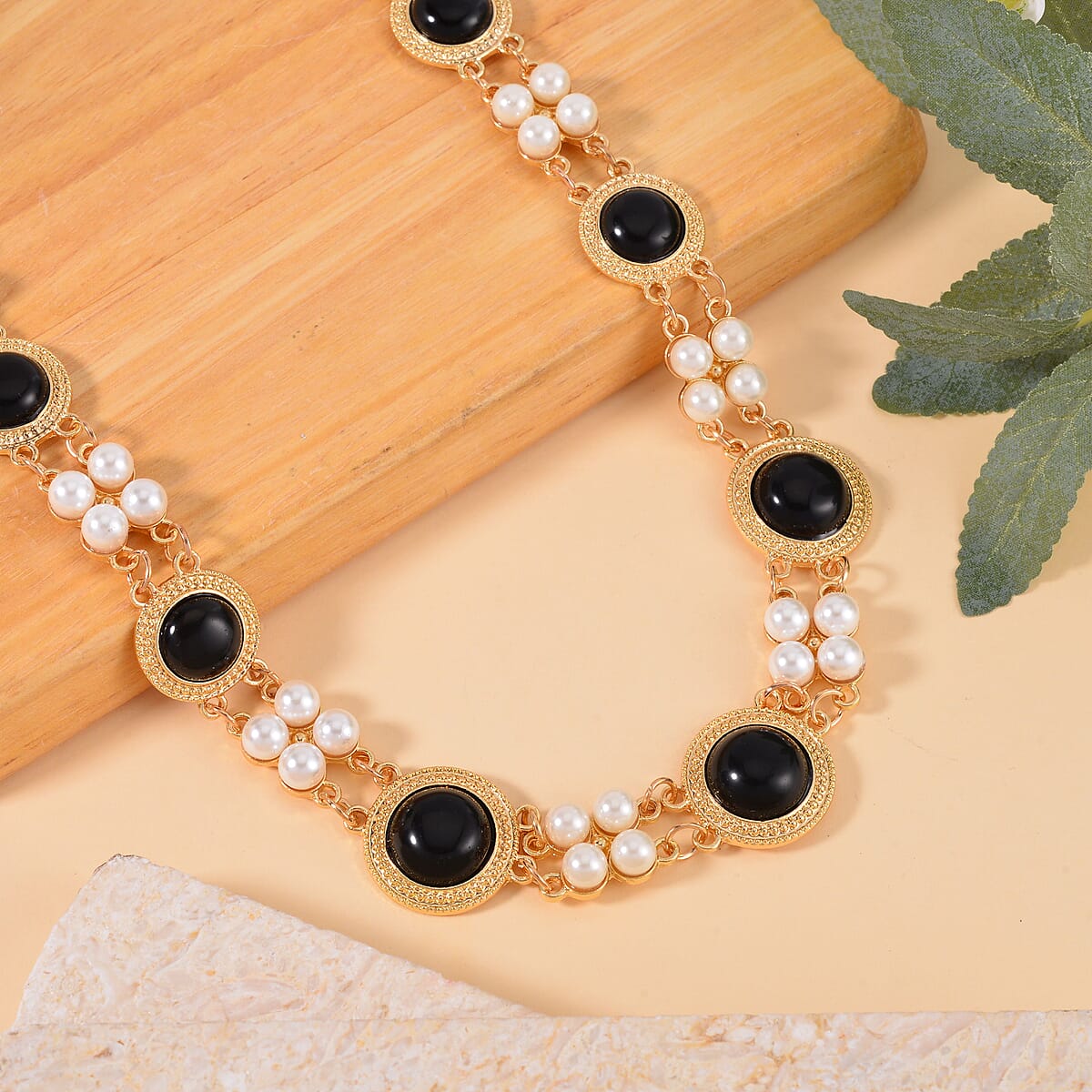 Black Obsidian and White Shell Pearl Choker Necklace 18-20 Inches in Goldtone 59.00 ctw image number 1