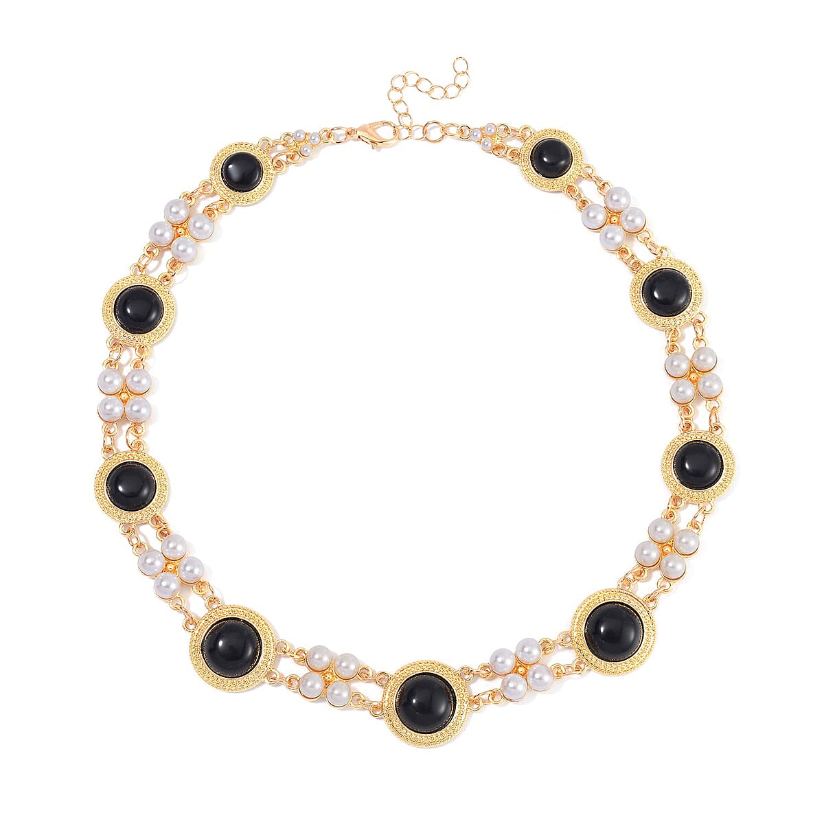 Black Obsidian and White Shell Pearl Choker Necklace 18-20 Inches in Goldtone 59.00 ctw image number 2