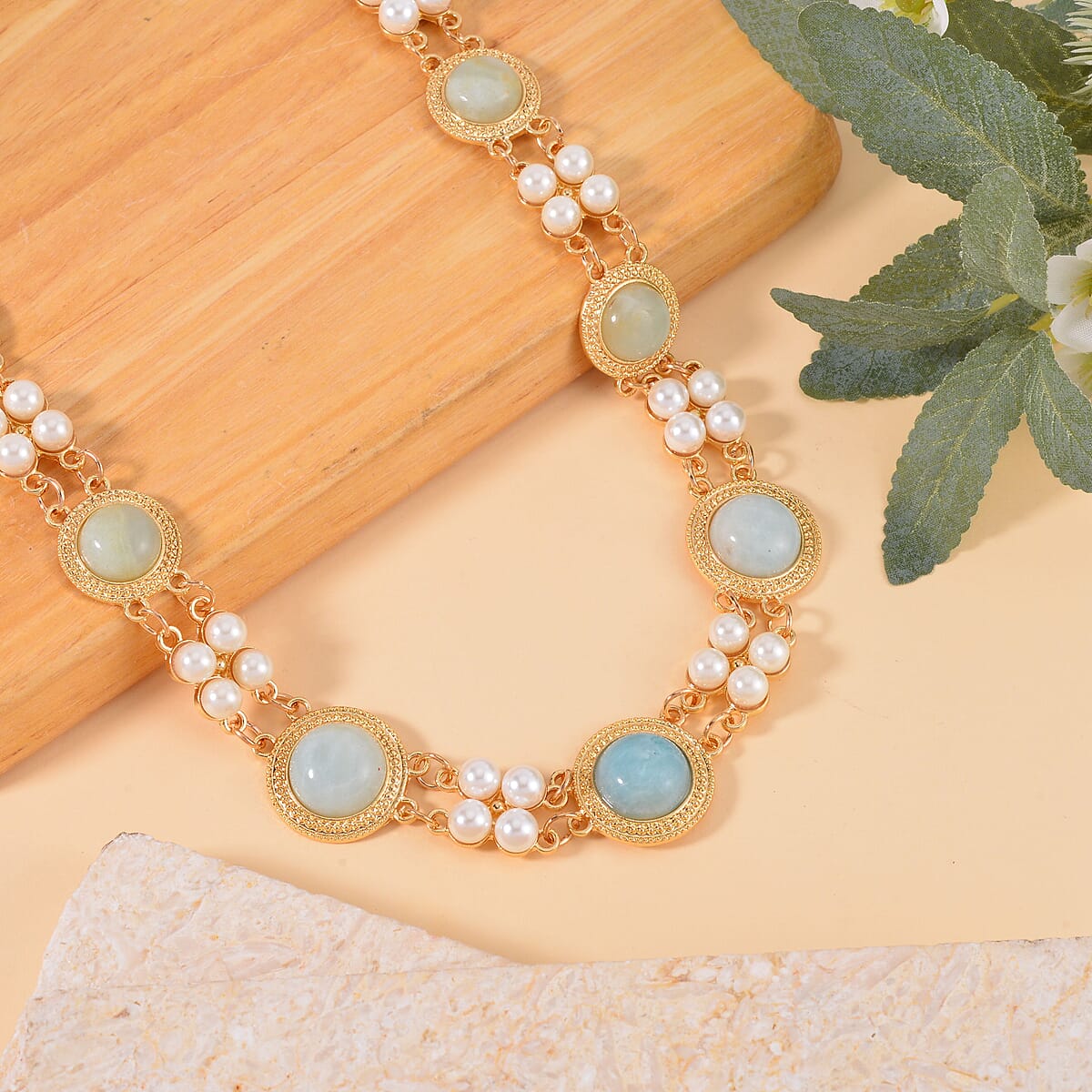 Multi Color Amazonite and White Shell Pearl Choker Necklace 18-20 Inches in Goldtone 59.00 ctw image number 1