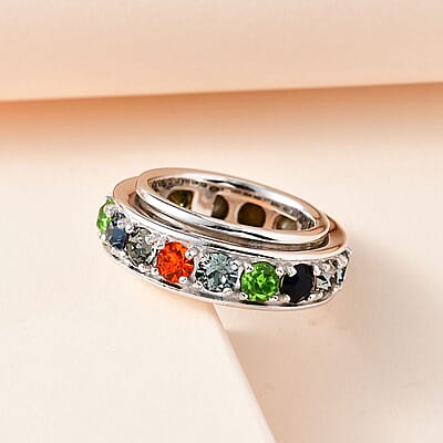 J Francis Embellished with Multi Color Crystal by Swarovski Spinner Ring in Platinum Bond (Size 5.0)
