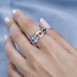 J Francis Embellished with Multi Color Crystal by Swarovski Spinner Ring in Platinum Bond (Size 5.0)