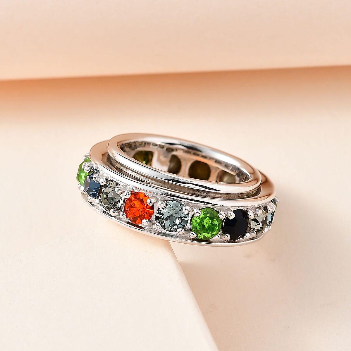 J Francis Embellished with Multi Color Crystal by Swarovski Spinner Ring in Platinum Bond (Size 8.0) image number 1