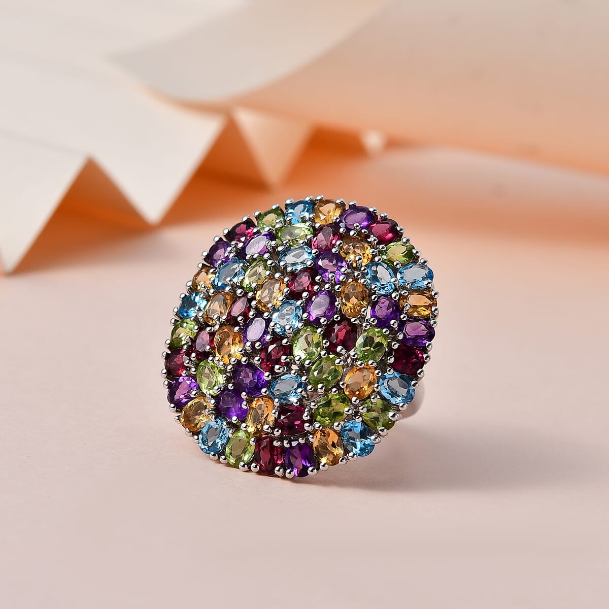 Multi Gemstone 10.90 ctw Floral Ring in Platinum Over Copper (Size  7.0) image number 1