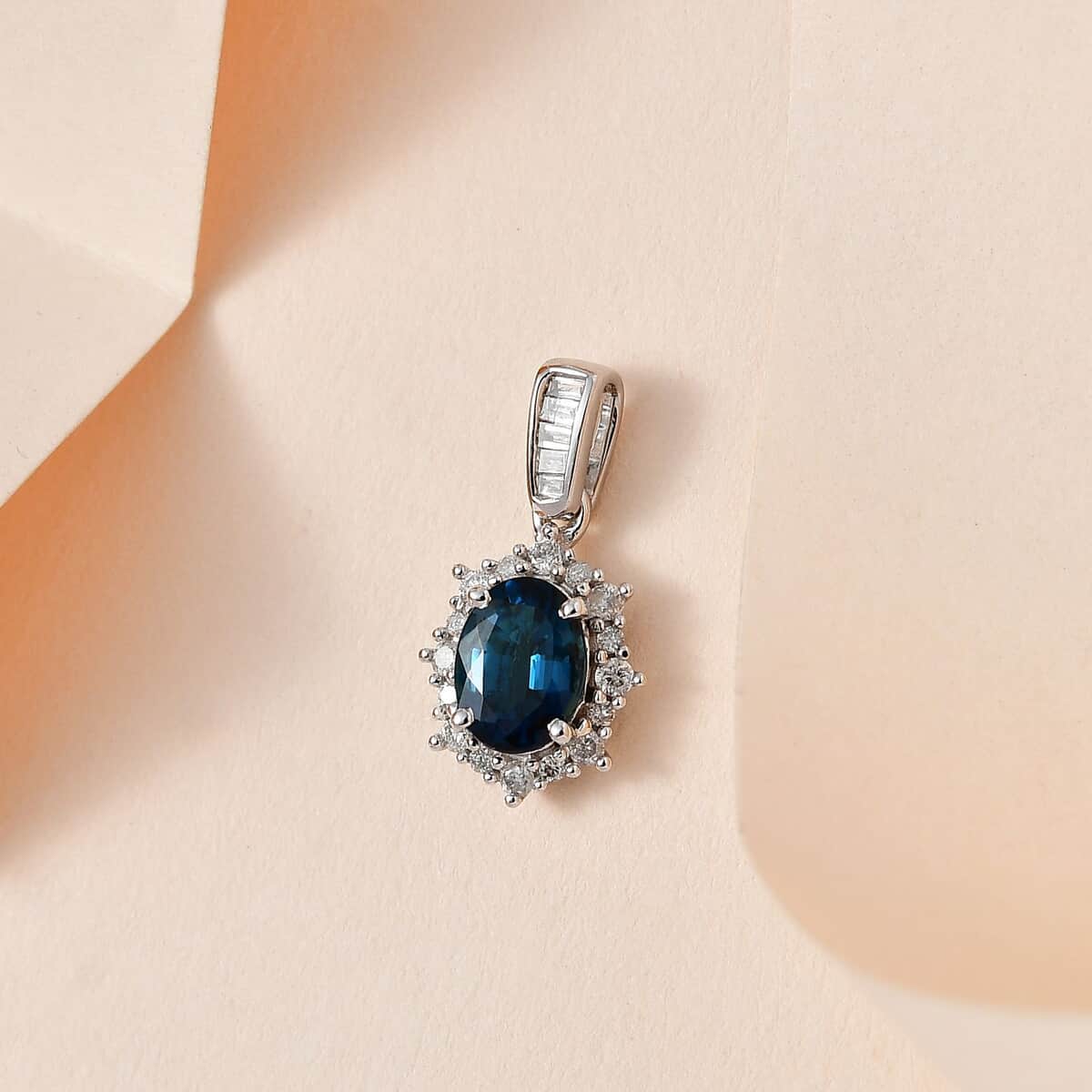 Luxoro 14K White Gold AAA Monte Belo Indicolite and G-H I3 Diamond Sunburst Pendant 1.10 ctw image number 1