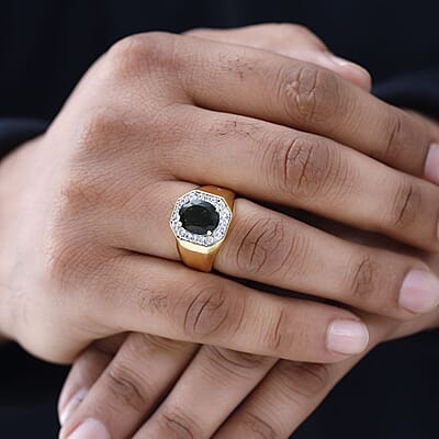 D'Joy Premium Bohemian Moldavite and White Zircon 4.00 ctw Men's Ring in Vermeil Yellow Gold Over Sterling Silver (Size 10.0)