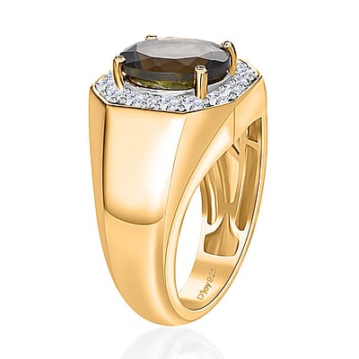 D'Joy Premium Bohemian Moldavite and White Zircon 4.00 ctw Men's Ring in Vermeil Yellow Gold Over Sterling Silver (Size 10.0)