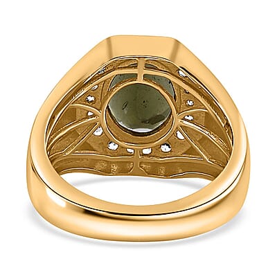 D'Joy Premium Bohemian Moldavite and White Zircon 4.00 ctw Men's Ring in Vermeil Yellow Gold Over Sterling Silver (Size 10.0)