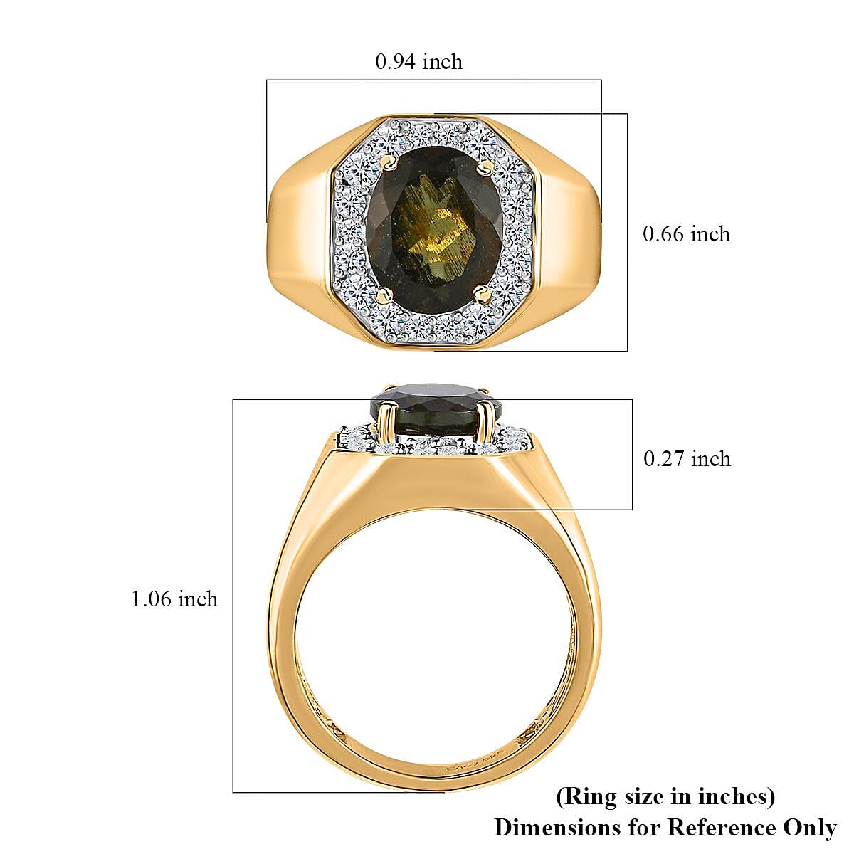 D'Joy Premium Bohemian Moldavite and White Zircon 4.00 ctw Men's Ring in Vermeil Yellow Gold Over Sterling Silver (Size 10.0)