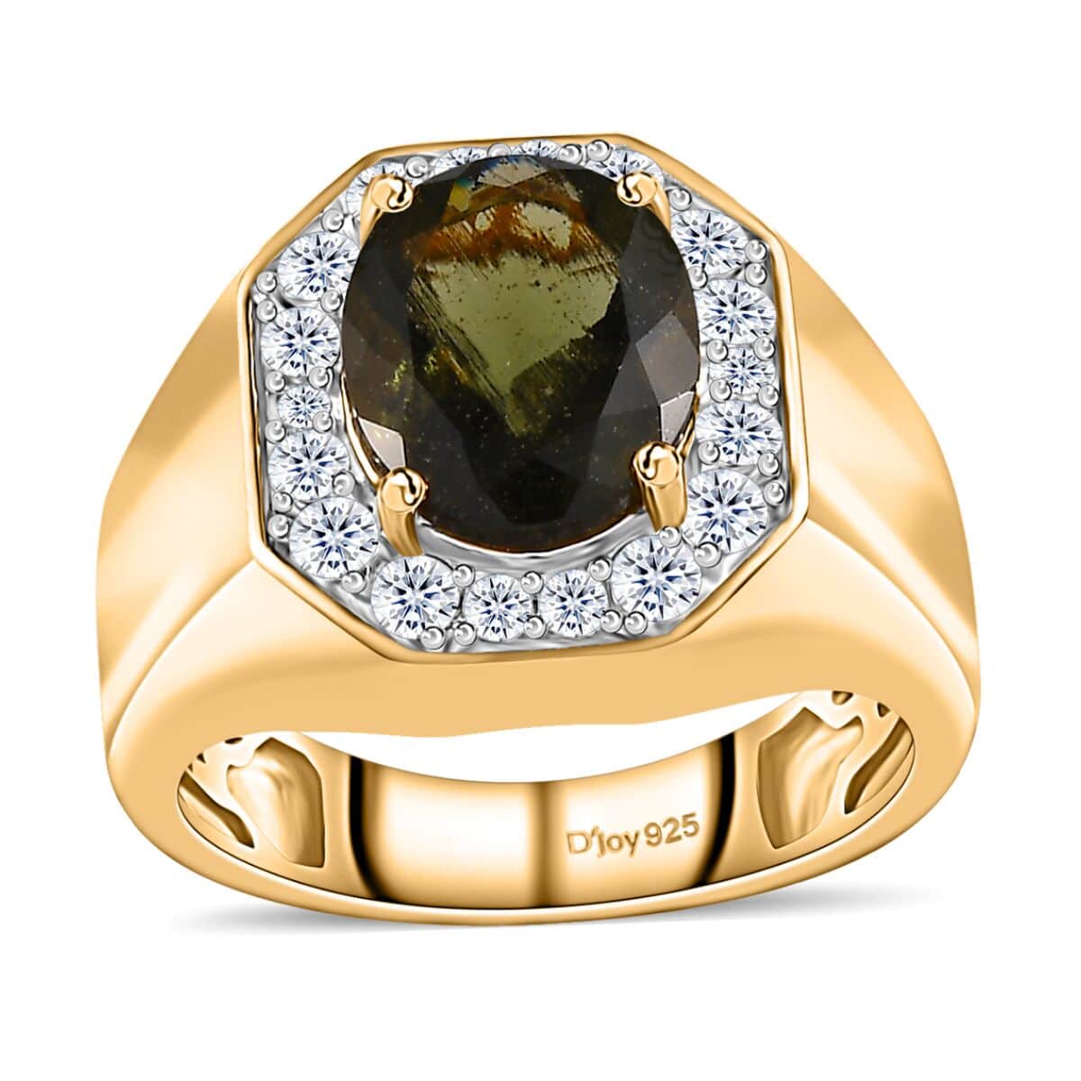 Premium Bohemian Moldavite and White Zircon 4.00 ctw Men's Ring in Vermeil Yellow Gold Over Sterling Silver (Size 9.0) image number 0