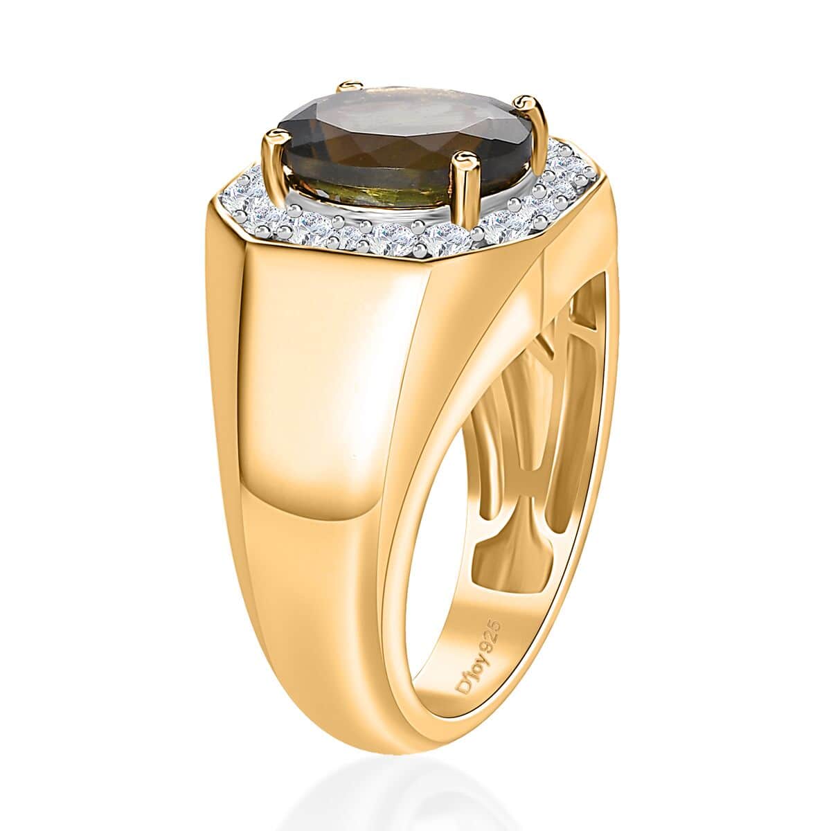 Premium Bohemian Moldavite and White Zircon 4.00 ctw Men's Ring in Vermeil Yellow Gold Over Sterling Silver (Size 9.0) image number 3