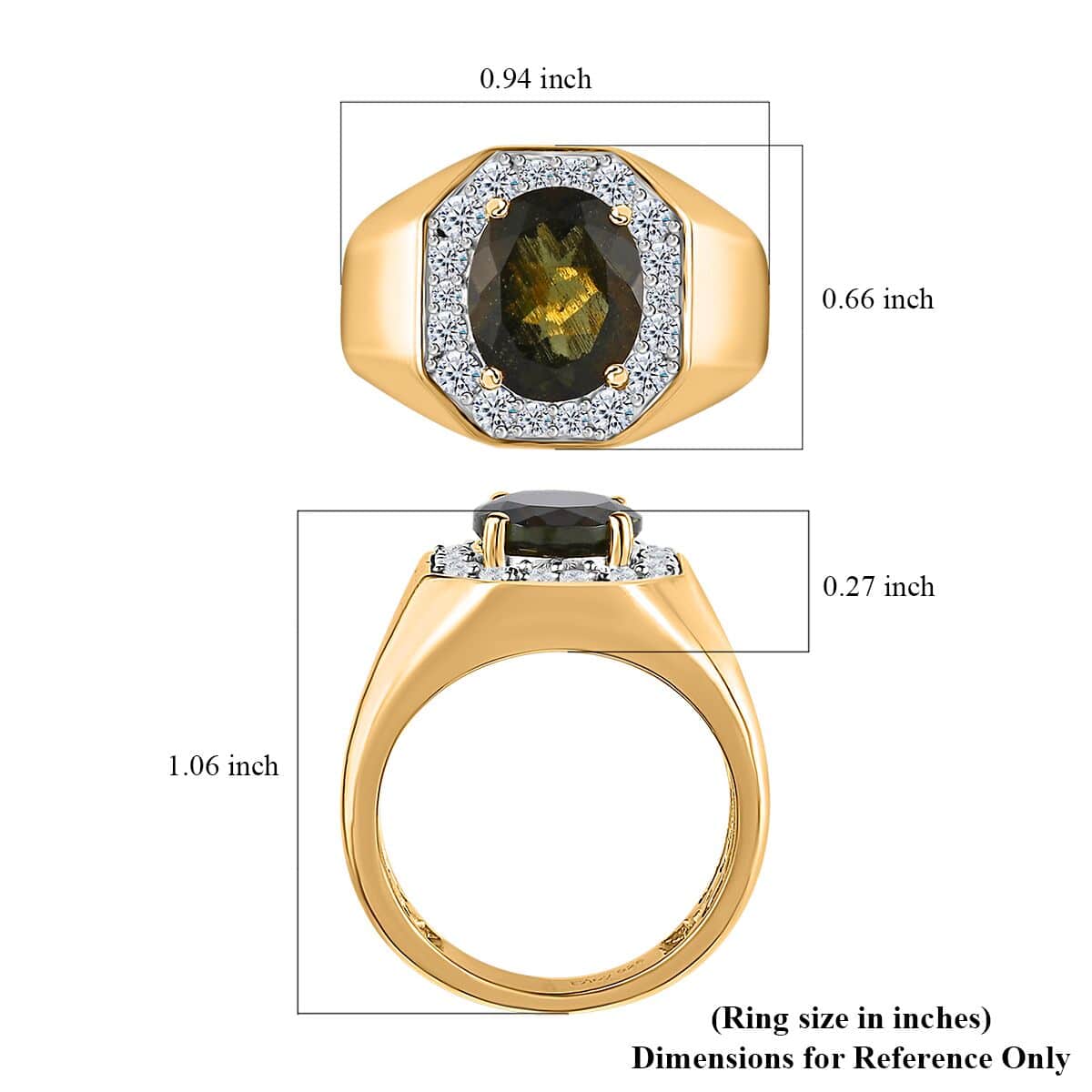 Premium Bohemian Moldavite and White Zircon 4.00 ctw Men's Ring in Vermeil Yellow Gold Over Sterling Silver (Size 9.0) image number 5