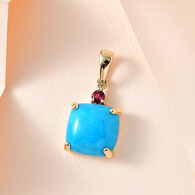 Luxoro 10K Yellow Gold Premium Sleeping Beauty Turquoise and Ouro Fino Rubellite Pendant without Chain 3.90 ctw