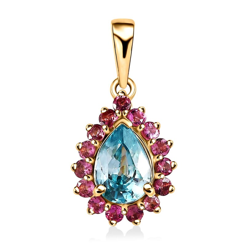 Luxoro 10K Yellow Gold Premium Ratanakiri Blue Zircon and Ouro Fino Rubellite Pendant without Chain 1.80 ctw