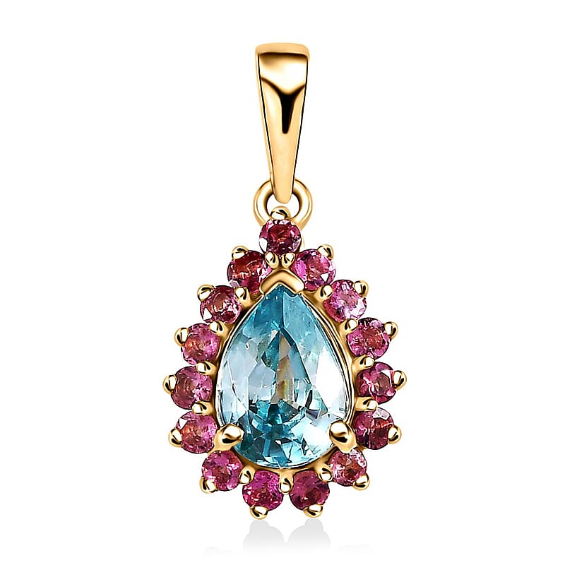 Luxoro 10K Yellow Gold Premium Ratanakiri Blue Zircon and Ouro Fino Rubellite Pendant without Chain 1.80 ctw