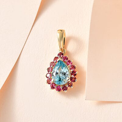 Luxoro 10K Yellow Gold Premium Ratanakiri Blue Zircon and Ouro Fino Rubellite Pendant without Chain 1.80 ctw