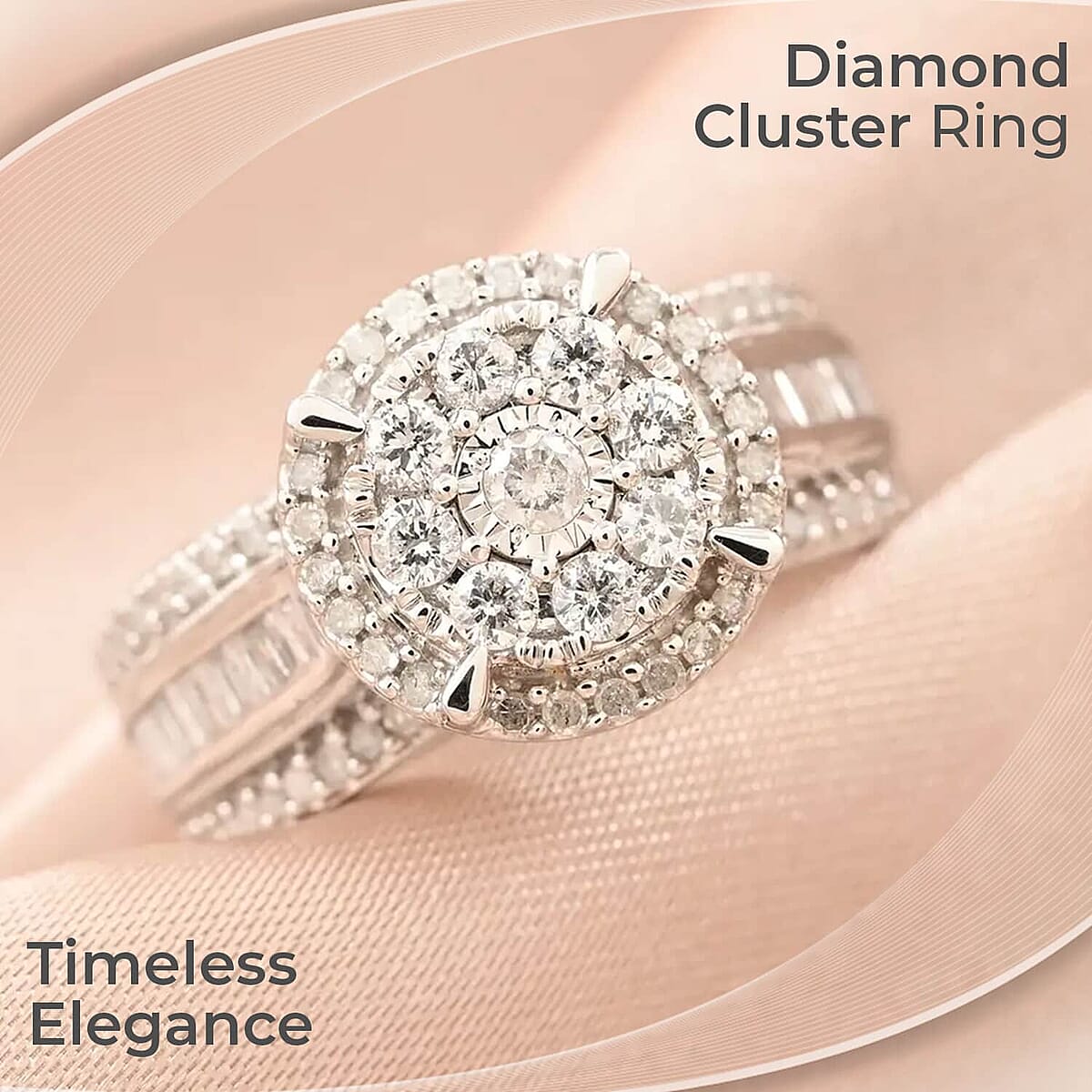 G-H I2 Diamond Ring, 10K White Gold Ring, Diamond Cluster Ring, Diamond Jewelry, Gifts For Her 5 Grams 1.00 ctw (Size 7.5) image number 1